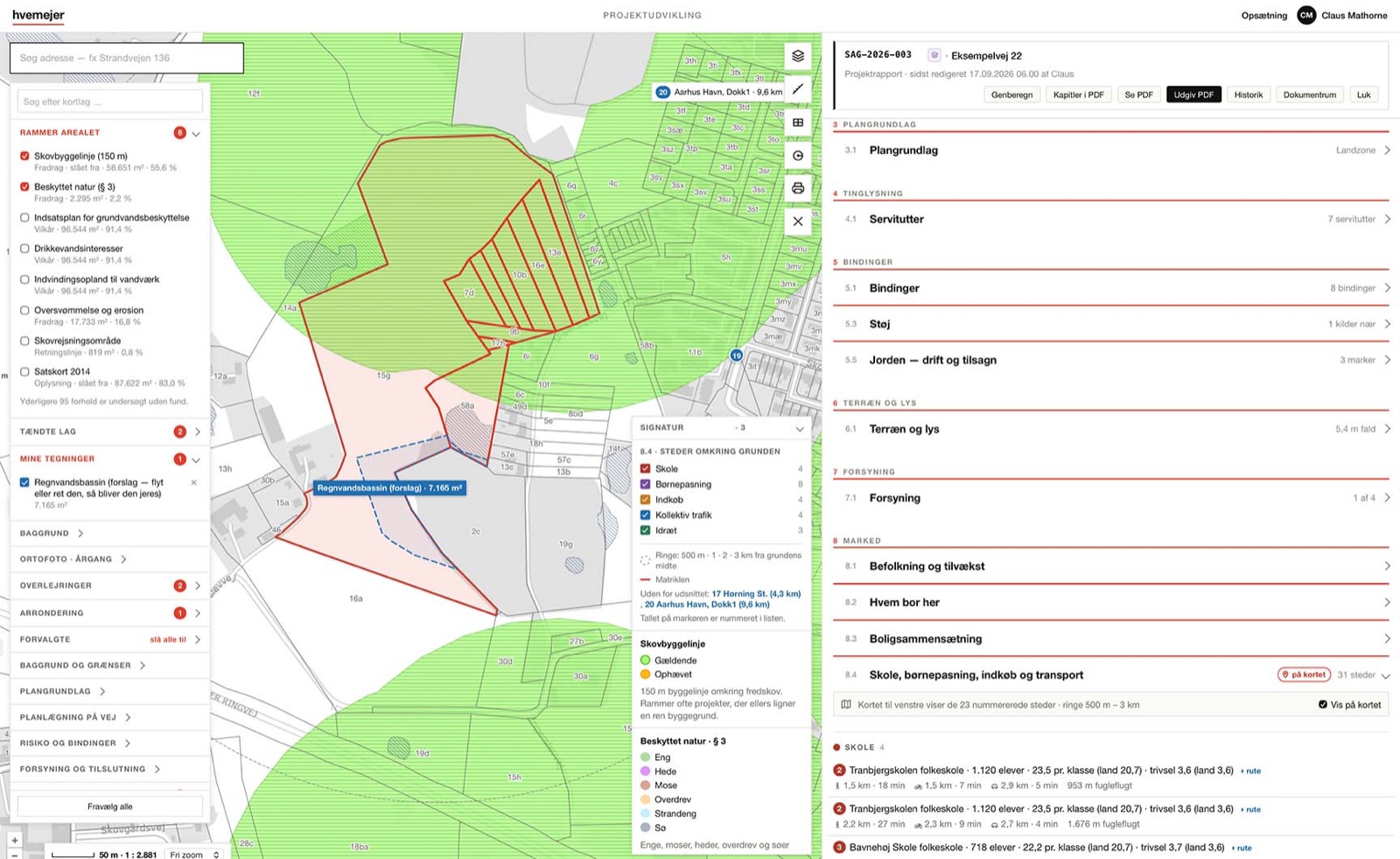 Projektværkstedet i hvemejer: kort med matrikler og bindinger til venstre, projektrapportens kapitler til højre — arrondering, plangrundlag, servitutter, bindinger, terræn, forsyning og marked.
